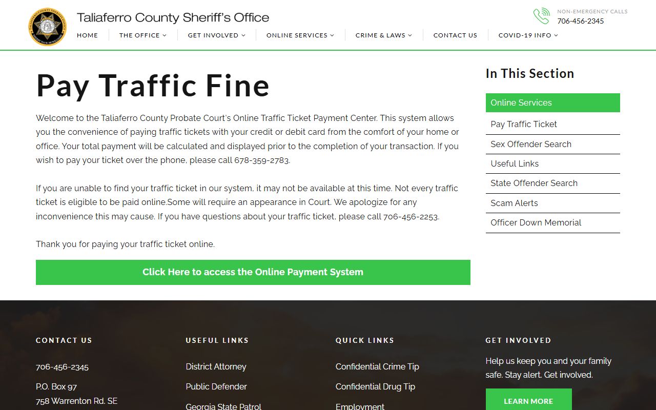 Taliaferro County traffic court records sheriff traffic ticket payment page
